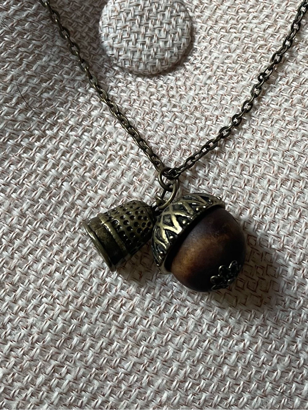 Antique Brass & Wood Peter Pan & Wendy Acorn & Thimble”Kiss” Pendant Necklace